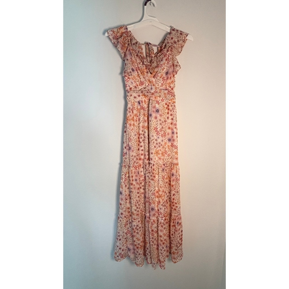 Altar'd‎ State Floral Maxi Dress Pink Orange Gold Metallic Ruffle Tiered XS